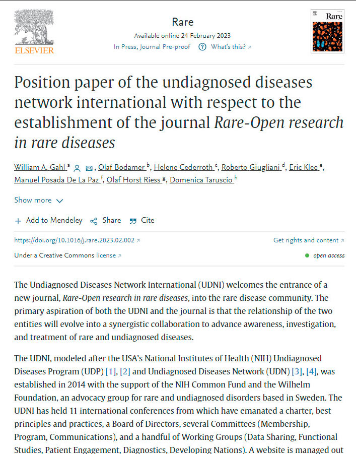 Bild av ett tidningsurklipp med texten Position paper of the undiagnosed diseases network international with respect to the establishment of the journal Rare-Open research in rare diseases