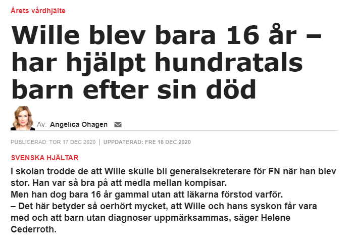 Tidningsurklipp från Aftonbladet: Wille blev bara 16 år - har hjälpt hundratals barn efter sin död